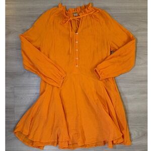 Magaschoni Home Orange Organic Cotton Gauze Ruffle Tie Neck Mini Dress Small
